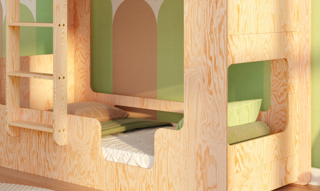 Dolne łóżko z barierkami drewnianego łóżka piętrowego wykonanego ze sklejki sosnowej w kolorze naturalnego drewna